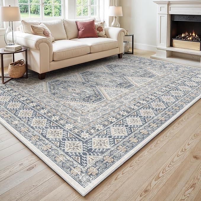 10x12 Area Rug for Living Room: Vintage Oriental Washable Rug for Bedroom Dining Room with Non Slip Rubber Backing Stain Resistant Low Pile Large Carpet Home Office (Blue, 10x12)