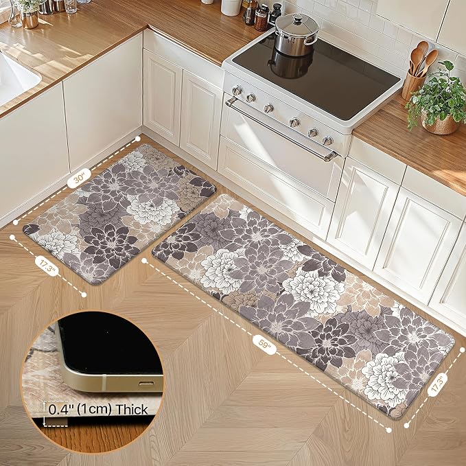 GENIMO Anti Fatigue Kitchen Mats for Floor 2PCS, Cushioned Standing Mats | 17.3"x59"&17.3"x30", Coffee Brown vintage floral rug set, waterproof, non slip, easy-clean for farmhouse