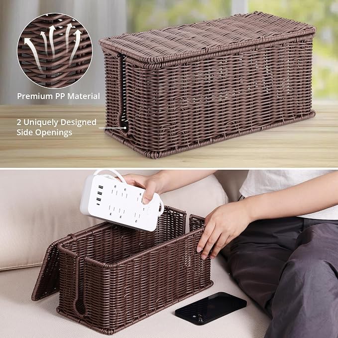 ZhiYo Rattan Cable Management Box, Dark Brown, 13.5" x 6.2" x 6" | Handwoven cord organizer conceals power strips and cables for a cleaner home or office setup, cord hider design