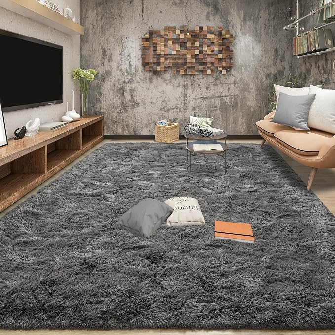 Tepook Fluffy Large Rugs for Living Room, Shag Area Rug 6x9 Soft Carpet for Bedroom, Modern Shaggy Rug for Kids Boys Girls, Plush Indoor Nursery Home Decor Rug with Non-Slip Bottom, Dark Grey