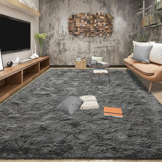 Tepook Fluffy Large Rugs for Living Room, 8x10 Area Rugs for Bedroom, Modern Shag Fuzzy Carpets for Kids Boys Girls, Plush Indoor Nursery Home Decor Rug with Non-Slip Bottom, Dark Grey