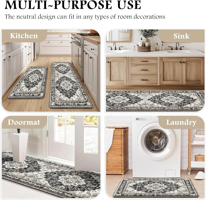 Boho Kitchen Mats for Floor 2 Piece Set Anti Fatigue Cushioned PVC Kitchen Rugs Non Slip Waterproof Farmhouse Mats 2/5 Inch Comfort Standing Mat for Laundry, 17.3"x47"+17.3"x28", Black Brown Grey