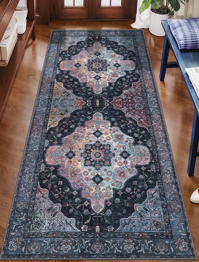 Tangsoo 2x6 Washable Runner Rug for Hallways, Non Slip Vintage Runner, Soft Low Pile Long Rug Runner, Print Distressed Navy/Mlulti Carpet Runners for Kitchen Bedroom Entryway Bathroom Living Room