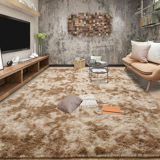 Tepook Fluffy Large Rugs for Living Room, Shag Area Rug 6x9 Soft Carpet for Bedroom, Modern Shaggy Rug for Kids Boys Girls, Plush Indoor Nursery Home Decor Rug with Non-Slip Bottom, Tie-Dyed Beige
