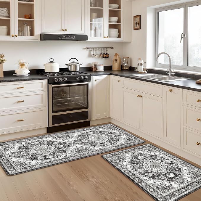 Boho Kitchen Mats for Floor 2 Piece Set Anti Fatigue Cushioned PVC Kitchen Rugs Non Slip Waterproof Farmhouse Mats 2/5 Inch Comfort Standing Mat for Sink, Laundry, 23.6"x39"+23.6"x59", Dark Grey