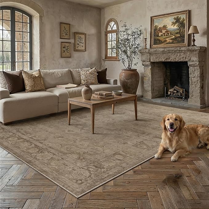 PureCozy Brown Area Rug 8x10 Washable Vintage Living Room Bedroom Carpet Non Slip Soft Low Pile Distressed Medallion Indoor Floor Retro Throw Large Rug for Dining Room Office