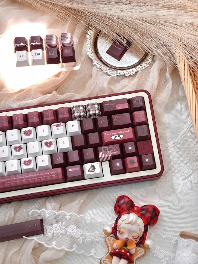 145 Keys Velvet Chocolate Keycaps, Dye-Sublimation PBT Custom Keycap Set for Cherry Profile, Cute Dark Red White Keycap for MX Switches Mechanical Gaming Keyboard