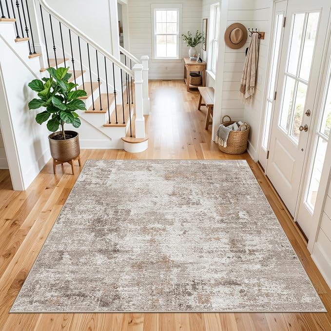 ZHXXUJ Washable 6x6 Square Area Rug – Non Slip Modern Abstract for Kitchen Dining Room Living Room – Low Pile Thin Soft Indoor Rug (Beige Grey)