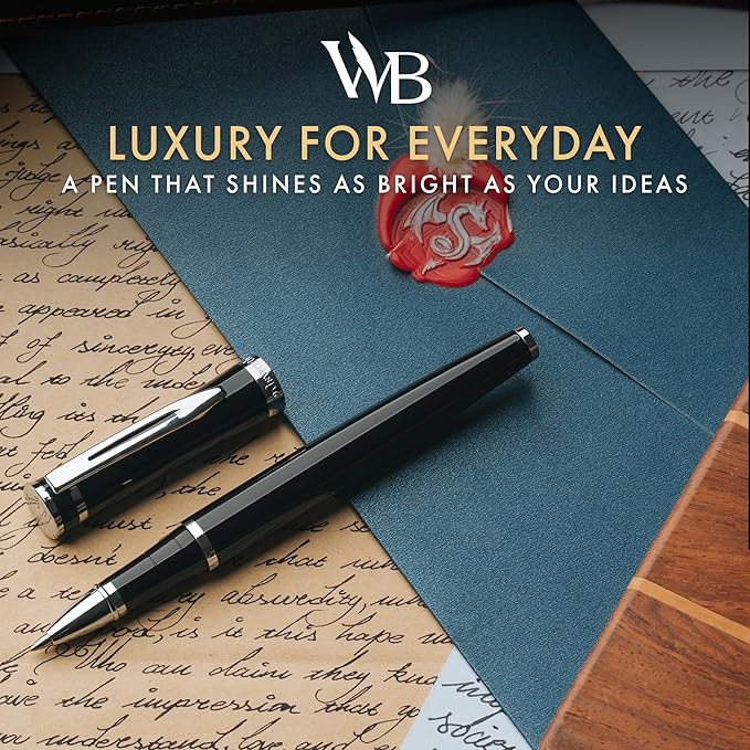 Wordsworth and Black Rollerball Pen - Luxury Pen - Chrome Finish, Black Lacquer, Ink Refill, Refillable, Gift for Men & Women, Professional Writing, Nice and Fancy Pens and for Work