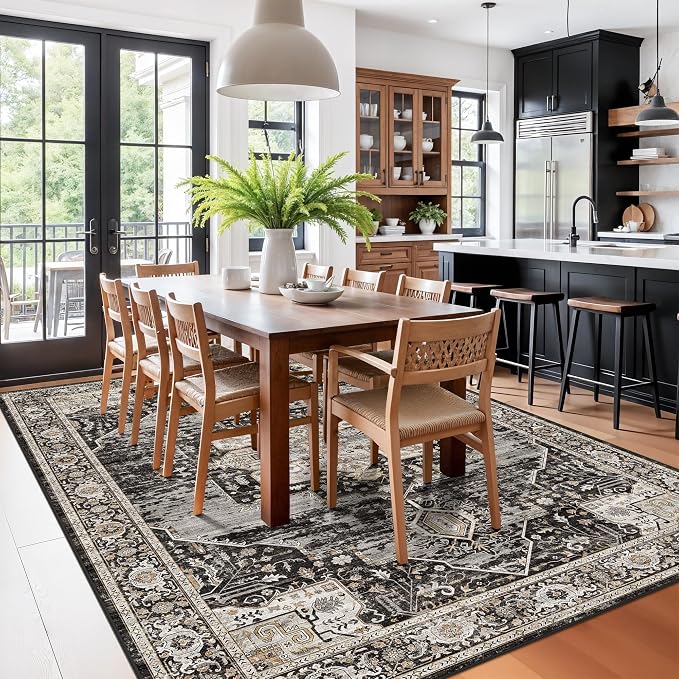 RUUGME Living Room 7x10 Area Rug : Washable Bedroom Rugs with Non Slip Rubber Backing Indoor Soft Stain Resistant Carpets for Dining Room Distressed Floor Decor Mat for Office Nursery 7x10 Black