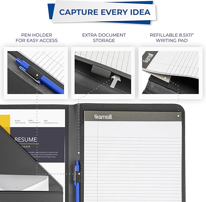 Samsill Contrast Stitch Faux-Leather Padfolio, Business Portfolio for Men and Women, Resume Document Organizer with 8.5 x 11 Inch Writing Pad, Black