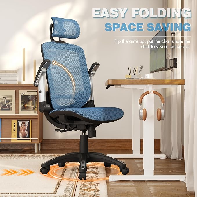 GABRYLLY Ergonomic Office Chair, High Back Mesh Desk Chair with Adjustable Headrest, Flip-Up Arms, 90-120° Tilt Lock, Lumbar Support and Comfy Seat, Swivel Computer Task Chair, Blue