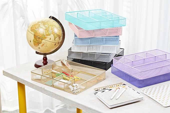 Annova Desk Top Organizer Tray for Office Organization - Metal Mesh - Storage Tray with Dividers for Pens, Desktop Accessories, Bathroom, Kitchen, Makeup and Office Supplies (Large, Purple)