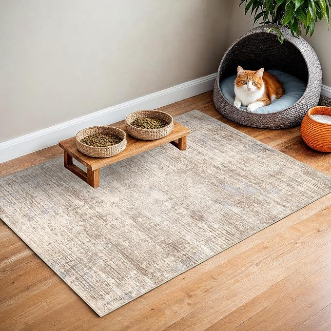 Washable Entryway 2x3 Area Rug: Small Abstract Kitchen Rugs for Indoor Bathroom Entrance Non Slip Door Mat with Rubber Backing Soft Carpet for Bedroom Pet Feeding Area (Ivory Beige Distressed,2x3)