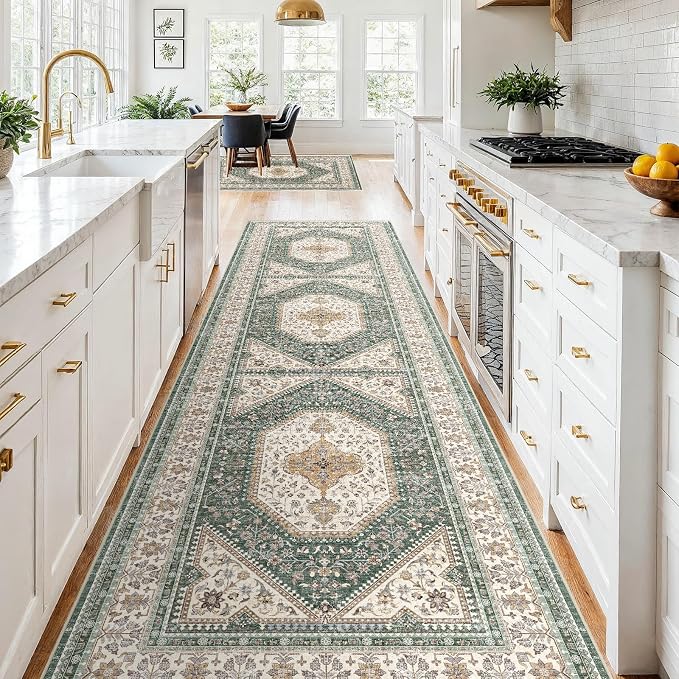 4x10 Runner Rug for Hallway Washable: Non Slip Kitchen Rugs with Rubber Backing Soft Waterproof Wide Mats Stain Resistant Low Pile Carpet for Entryway Bedroom Bathroom Laundry Home Decor Green/Beige