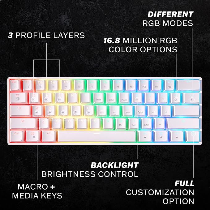 HK GAMING GK61 Mechanical Gaming Keyboard - 61 Keys Multi Color RGB Illuminated LED Backlit Wired Programmable for PC/Mac Gamer (Gateron Optical Black, White)