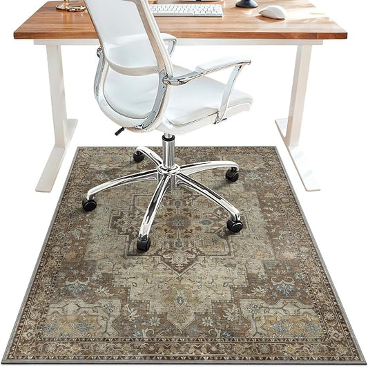 36"x48" Office Chair Mat for Hardwood Tile Floor, Under Desk Carpet Protector for Rolling Computer Chair Mat, Machine Washable Area Rug, Anti-Slip 1/5" Thick Low Pile Thin Vinyl Floor Mat, Brown