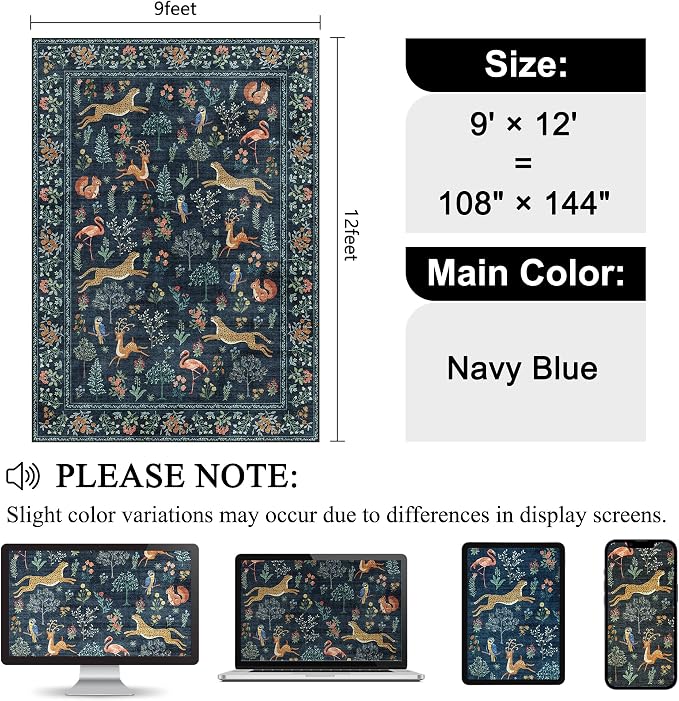 DUKINO 9x12 Rug, Washable Animal Living Room Rug with Non Slip Vintage Design, Soft Low Pile Large Carpet for Bedroom, Nursery, Dining Room, Farmhouse, Playroom, Navy Blue