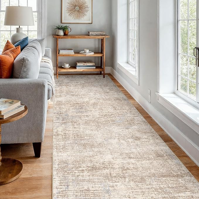 4x12 Hallway Washable Runner Rug - Non-Slip Kitchen Rugs with Rubber Backing Abstract Low-Pile Carpet Runners for Laundry Room Home Decor Bedroom Bathroom Entryway (Ivory Beige Distressed,4x12)