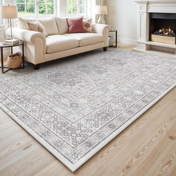 10x12 Area Rug for Living Room: Vintage Oriental Washable Rug for Bedroom Dining Room with Non Slip Rubber Backing Stain Resistant Low Pile Large Carpet Home Office (Grey, 10x12)