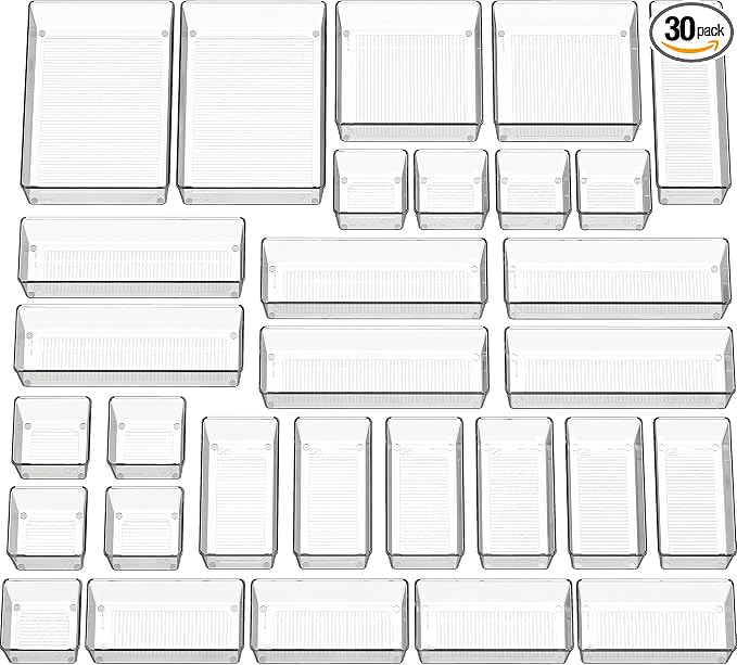 Simple Houseware 30 PCS Clear Plastic Drawer Organizers Set, 5-Size | for Makeup, Bathroom, Bedroom and Office
