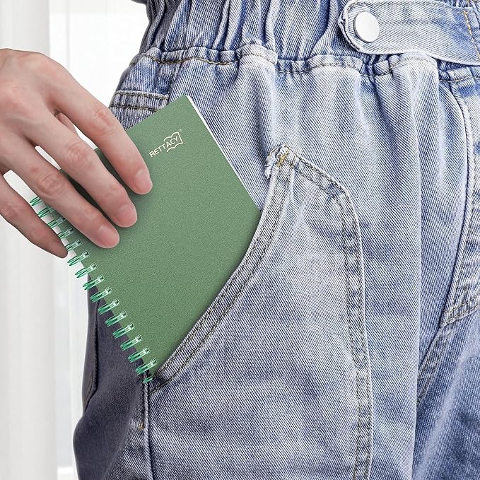 RETTACY Pocket Journal Notebook, 160 Lined Pages, A6 Mini Small Size (4.5" × 5.7"), for Work, Journaling, Writing, 100 GSM Thick Paper, Spiral-bound, Flexible Plastic Cover (Dark Green)