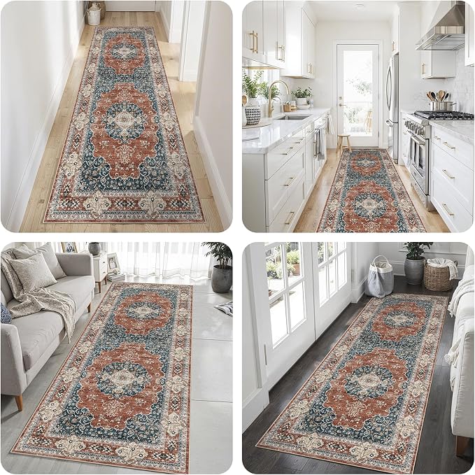 3x10 Washable Hallway Runner Rug:Oriental Indoor Kitchen Rugs Vintage Door Mat Non Slip with Rubber Backing Low Pile Thin Carpet for Bedroom Bathroom Living Room Bedside (3x10 Brick/Blue)