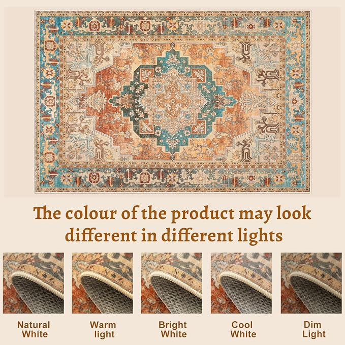 Tangsoo 6x9 Area Rug Washable Rugs for Living Room, Vintage Indoor Non Slip Large Area Rugs, Print Distressed Orange Carpet, Oriental Soft Low Pile Foldable Floor Rug for Bedroom Dining Room