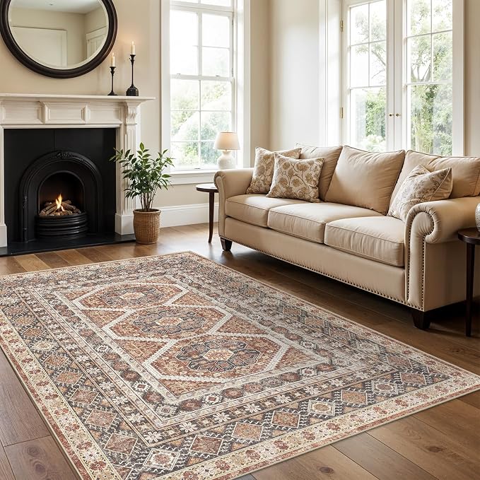 6x9 Area Rugs for Living Room:Washable Oriental Rug for Bedroom Dining Room Carpet 6 by 9 Indoor Non Slip Rubber Backing Neutral Nursery Dorm Home Office Kids Beige (Brick, 6x9)