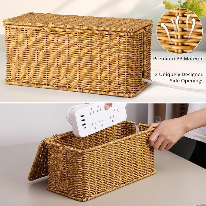 ZhiYo Rattan Cable Management Box, Cord Organizer, Nature, 13.5"x6.2"x6" | Handwoven imitation rattan cord hider box conceals power strips and cables for a clean desk or floor setup