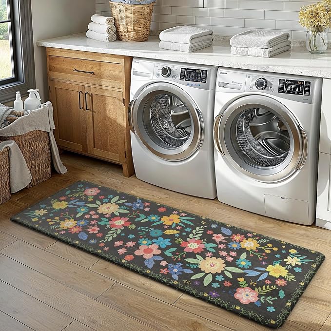 GENIMO Anti Fatigue Kitchen Mats for Floor 2PCS, Cushioned Standing Mats | 17.3"x59"&17.3"x30", Black vintage floral rug set, waterproof, non slip, easy-clean for farmhouse