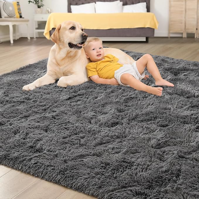Tepook Fluffy Large Rugs for Living Room, 8x10 Area Rugs for Bedroom, Modern Shag Fuzzy Carpets for Kids Boys Girls, Plush Indoor Nursery Home Decor Rug with Non-Slip Bottom, Dark Grey