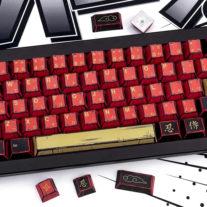 Retro Red Black Anime PBT Keycaps Cherry Profile Key caps, Manga Japanese Theme Keycaps, 5 Side Dye Sublimation 130 Keys Set for Cherry Gateron MX Switches Keyboards (Red Samurai)