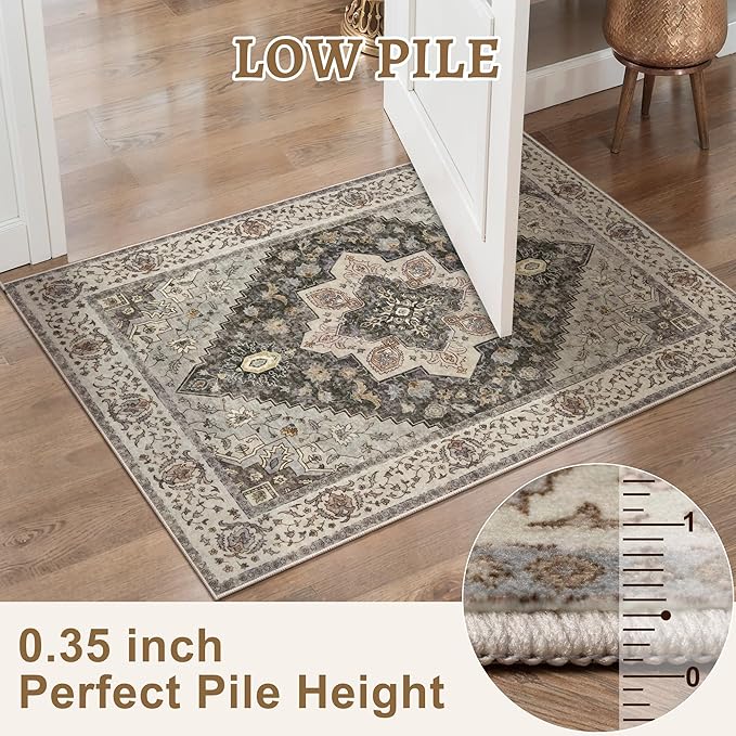 Tangsoo Washable Rug 4x6 Area Rug, Vintage Rug Indoor for Living Room, Non Slip Machine Washable Large Rugs, Soft Print Distressed Grey Farmhouse Carpet for Bedroom Dining Room Dorm Office