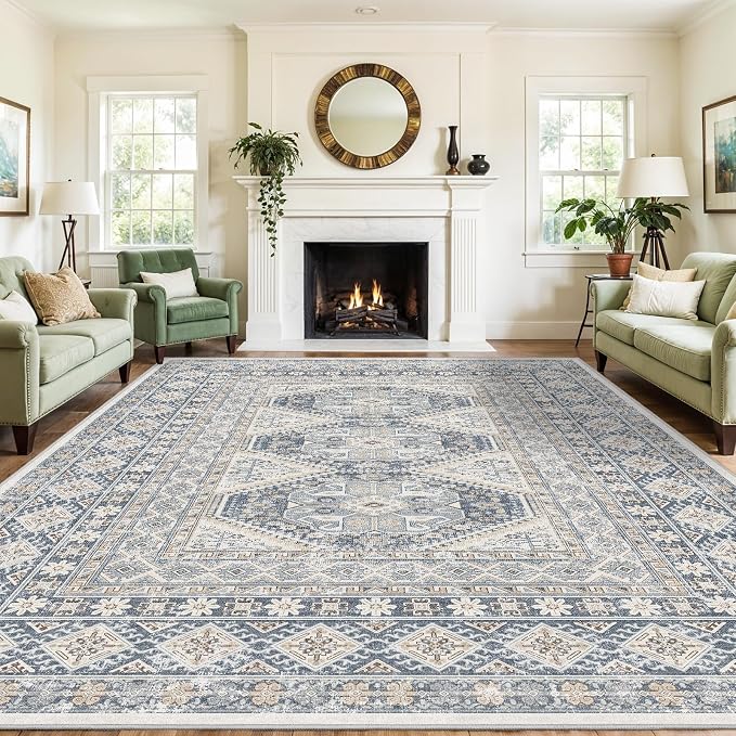 12x15 Area Rug for Living Room: Vintage Oriental Washable Rug for Bedroom Dining Room with Non Slip Rubber Backing Stain Resistant Low Pile Large Carpet Home Office (Blue, 12x15)