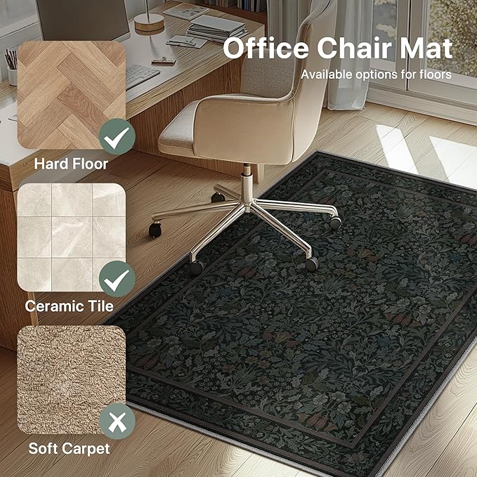 36"x60" Office Chair Mat for Hardwood Tile Floor, Under Desk Carpet Protector for Rolling Computer Chair Mat, Machine Washable Area Rug, Anti-Slip 1/5" Thick Low Pile Thin Vinyl Floor Mat, Dark Green