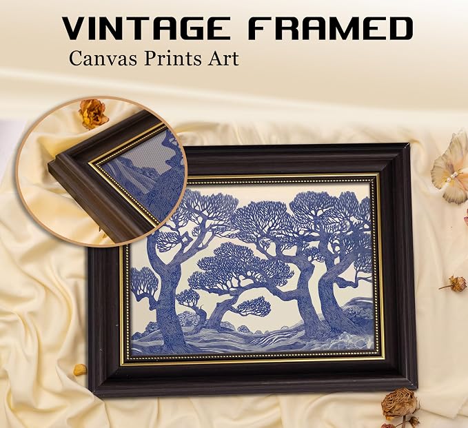 Vintage Gold Framed Wall Art Oak Tree Forest Painting Canvas Prints Blue Woodland Nature Landscape Picture Moody Botanical Poster Artwork for Living Room Bedroom, 9x11in