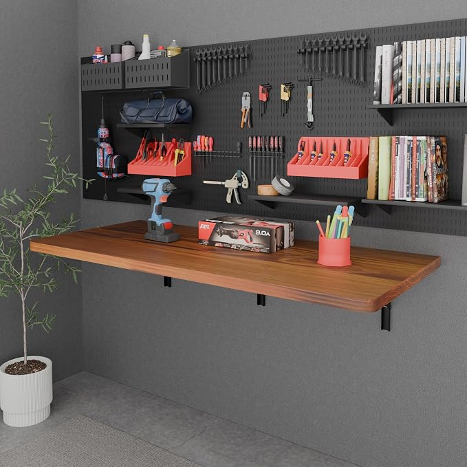 IAE Floating Wall Mounted Folding Table Desk with Pine Wood,48" x 22" Foldable Workbench,Fold Down wall Mounted Foldable Desk with Shelf Brackets,Laundry Folding Table for Home,Dining,Kitchen,Teak