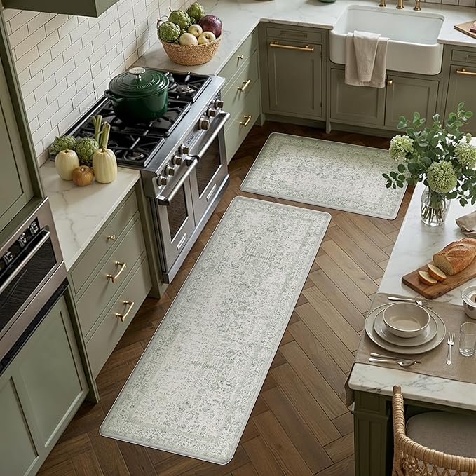 Kitchen Mats 2PCS Anti Fatigue Cushioned Mat Light Green Vintage Kitchen Mats for Floor Waterproof Non Slip Comfort Standing Retro Floral Rug for Sink Laundry Office 17.3"x59"+17.3"x30"