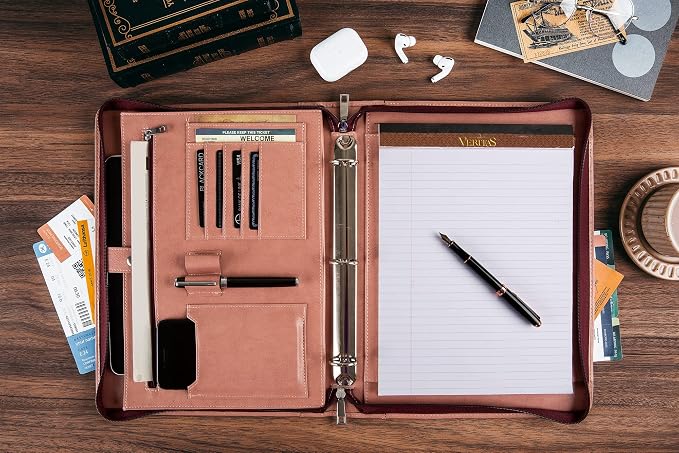 3-Ring Portfolio Padfolio for Women, Vegan Leather Binder, Pink, Zipper, Handmade Portfolio Organizer, Personalized for Lefty & Righty