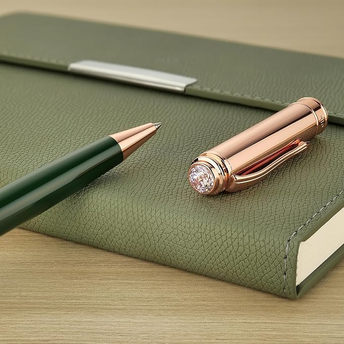 MCNTEIK Luxury Gel Pen, Top Set With 8mm Brilliant Diamond,Dark Green Pen Body,Attractive Rose Real Gold Finish, Black Refill,Elegant Gift Pen For Women, Executive, Fancy, Graduation, Nice Pens
