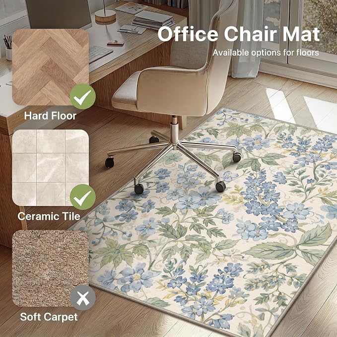 36"x60" Office Chair Mat for Hardwood Tile Floor, Under Desk Carpet Protector for Rolling Computer Chair Mat, Machine Washable Area Rug, Anti-Slip 1/5" Thick Low Pile Thin Vinyl Floor Mat, Blue Mist