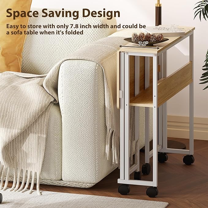 Folding Desk Small Rolling Desk with Storage Shelf,24.8 Inch Foldable Computer Table with Wheels,Portable Office Desk for Small Space Sofa Table,Easy to Fold,Writing Work Office Computer Desk,Oak