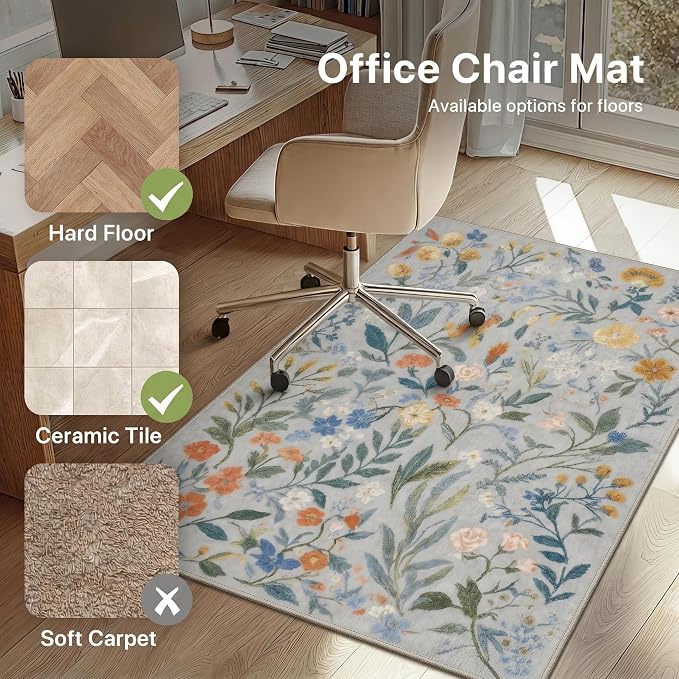 36"x48" Office Chair Mat for Hardwood Tile Floor, Under Desk Carpet Protector for Rolling Computer Chair Mat, Machine Washable Area Rug, Anti-Slip 1/5" Thick Low Pile Thin Vinyl Floor Mat, Light Blue