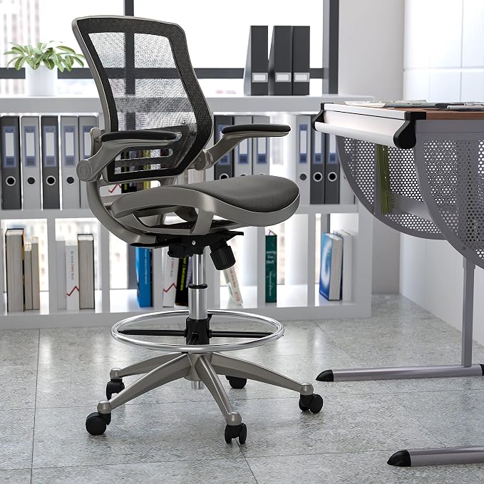 Flash Furniture Waylon Mid-Back Swivel Office Chair with Adjustable Foot Ring and Seat Height, Ergonomic Mesh Chair with Armrests, Black/Silver | Graphite Silver Frame, Mid-Back, Flip-Up Arms, Mesh Back