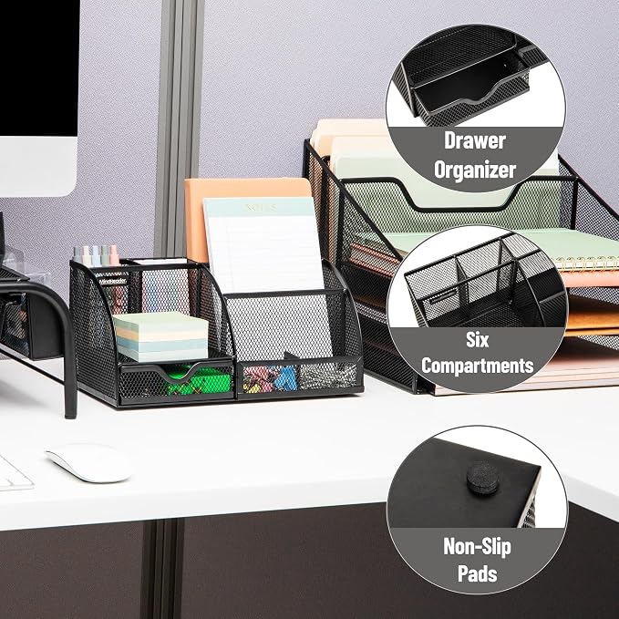 Mind Reader 7-Compartment Desktop Organizer, Metal Mesh Desk Organizer for Pens, Sticky Notes, Mail and Office Supplies, Black