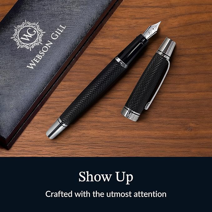 'Show Up' Black Luxury Executive Fountain Pen, Woven Polished Lacquer, Chrome Accents, Stainless Steel Nib, Easy Refill Ink Piston Converter, Smudge Free No Bleed, Fits Instant Insert Ink Cartridges