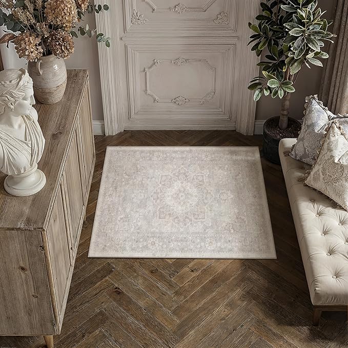 PureCozy Gray 2x3 Entryway Area Rug Washable Vintage Door Mat Non Slip Low Pile Carpet Indoor Soft Retro Mat Oriental Medallion Grey Accent Throw Rug for Bathroom Office Bedroom Living Room
