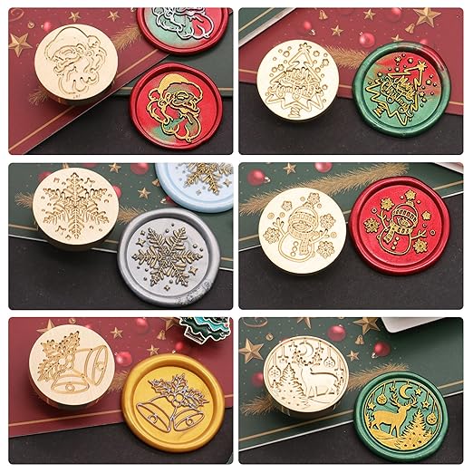 SWANGSA Christmas Wax Seal Stamp Gift Box Set, Vintage 6 Sealing Stamp Heads + 1 Wooden Hilt, Wax Stamp Kit for Christmas Party Invitations, Cards and Gift Packaging (Christmas Kit)