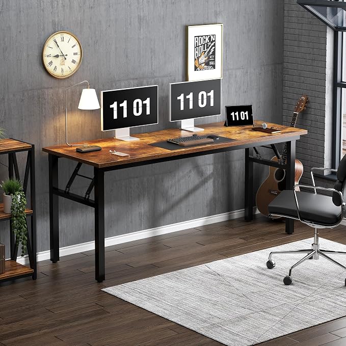 sogesfurniture Foldable Computer Desk 62 inches, Retro Large Folding Sturdy Laptop Workstation Table for Home Office, No Assembly Portable Study Writing Gaming Desk for Small Spaces, Rustic Brown
